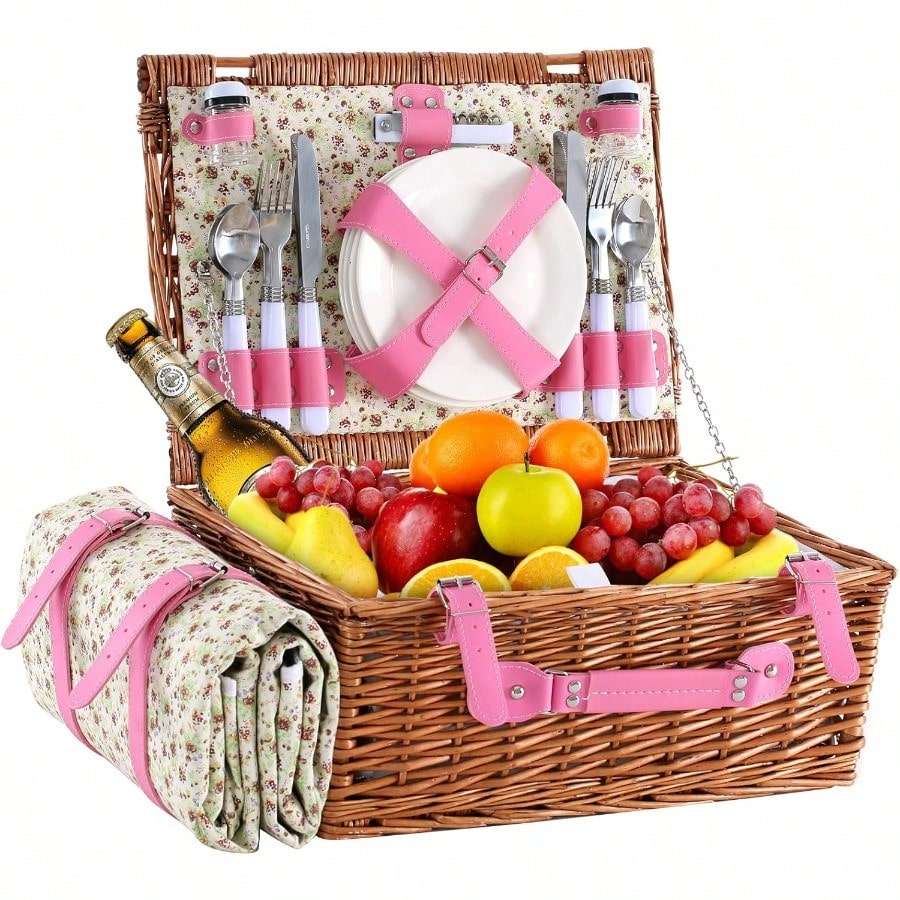 Outdoor Camping Blanket - Wicker Picnic Basket For 4 With
