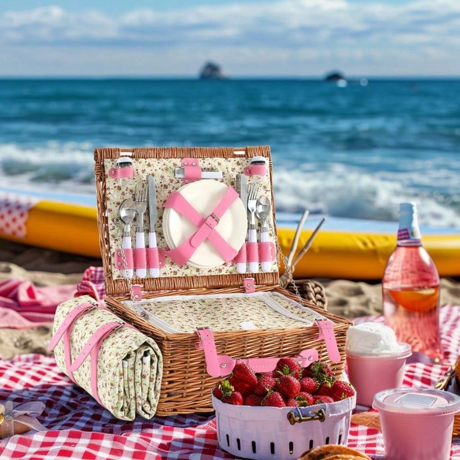 Wicker Picnic Basket For 4 Wit - Outdoor Camping Blanket reseña y precio