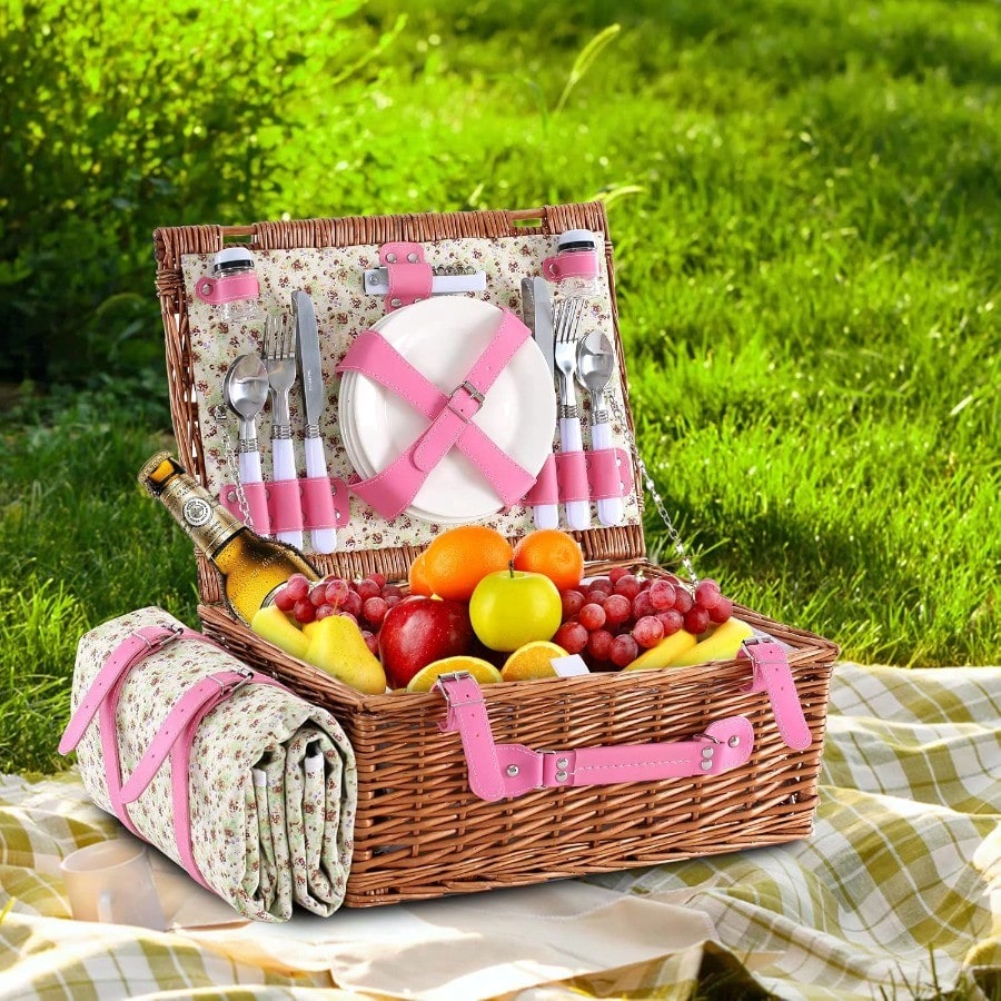 Wicker Picnic Basket For 4 Wit - Outdoor Camping Blanket reseña y precio